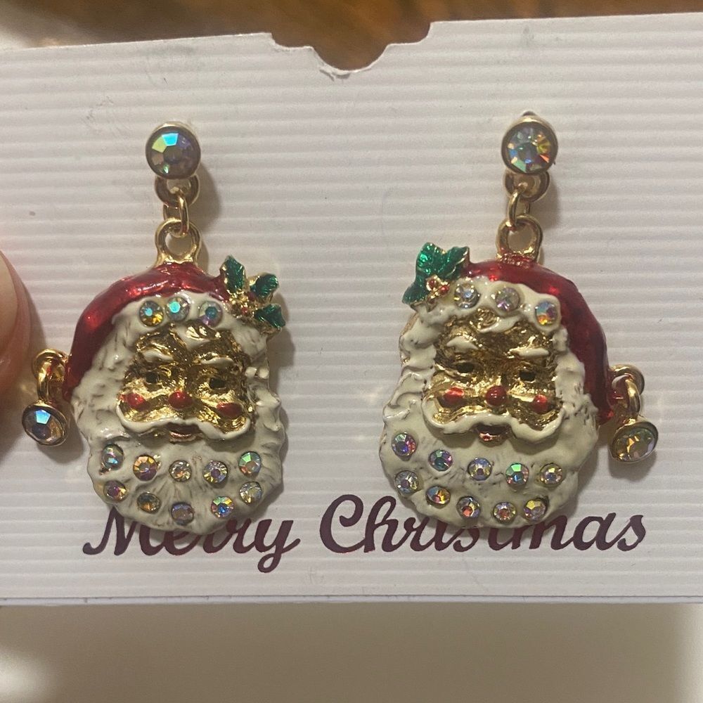 Holiday Crystal Santa Claus Dangle Earrings NWT